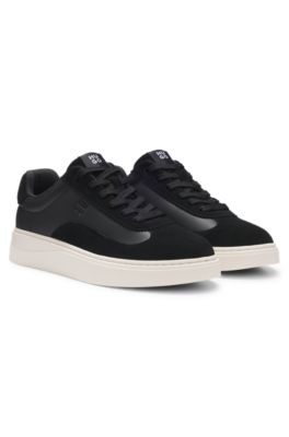 Mixed-material cupsole trainers with debossed logo, Black