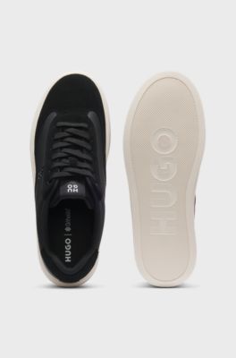 Mixed-material cupsole trainers with debossed logo, Black