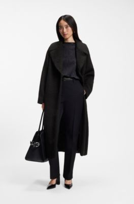 Cocoon-shaped coat in textured fabric, Black