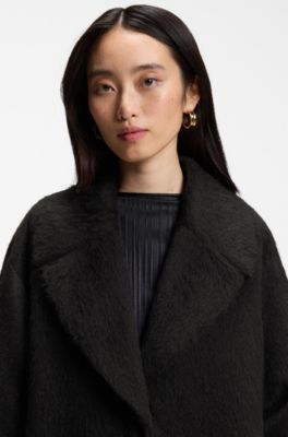 Cocoon-shaped coat in textured fabric, Black