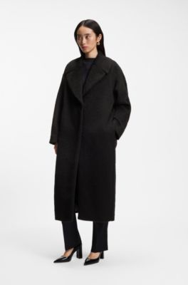 Cocoon-shaped coat in textured fabric, Black