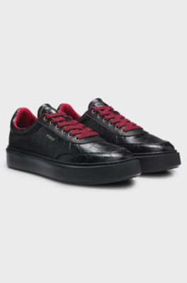 Crocodile-print trainers in faux leather with platform sole, Black