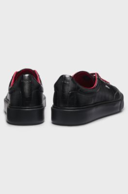 Crocodile-print trainers in faux leather with platform sole, Black