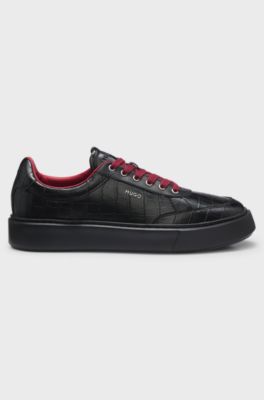 Crocodile-print trainers in faux leather with platform sole, Black