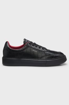 Crocodile-print trainers in faux leather with platform sole, Black