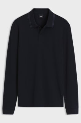 Waffle-structure polo shirt in stretch cotton, Dark Blue