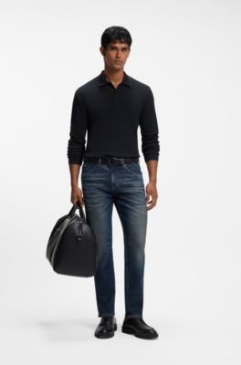Waffle-structure polo shirt in stretch cotton, Dark Blue