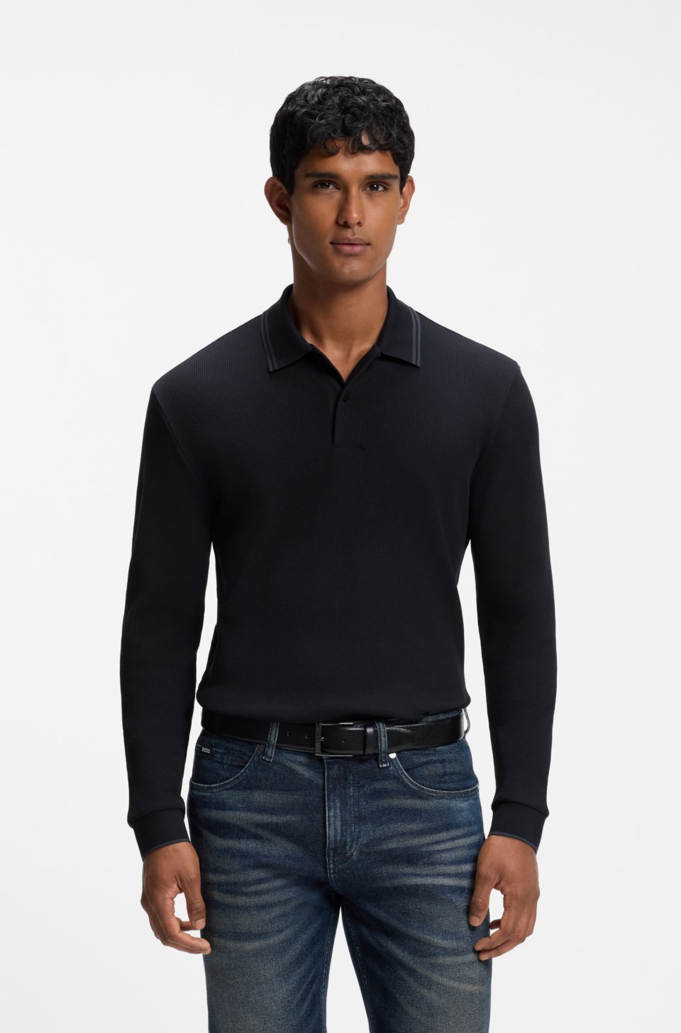 Waffle-structure polo shirt in stretch cotton