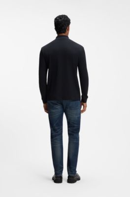 Waffle-structure polo shirt in stretch cotton, Dark Blue