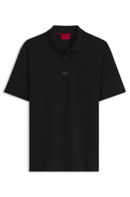 Cotton polo shirt with metal logo plaque, Black