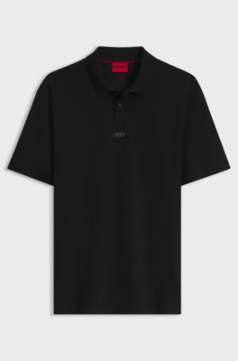 Cotton polo shirt with metal logo plaque, Black