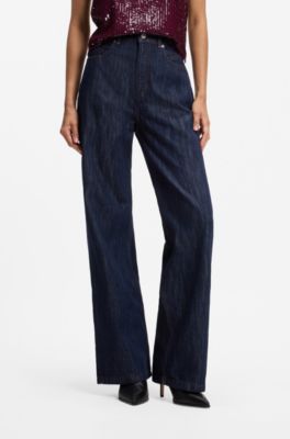 Jeans a gamba larga in denim di puro cotone, Blu scuro