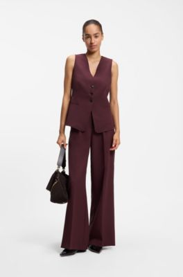 Wide-leg trousers in stretch crepe with front crease, Dark Red