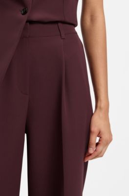 Wide-leg trousers in stretch crepe with front crease, Dark Red