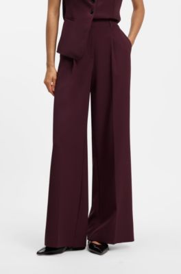Wide-leg trousers in stretch crepe with front crease, Dark Red
