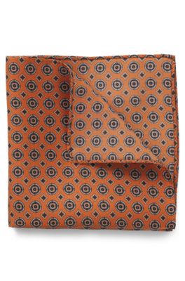 Patterned pocket square in pure silk, Dark Orange