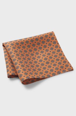 Patterned pocket square in pure silk, Dark Orange