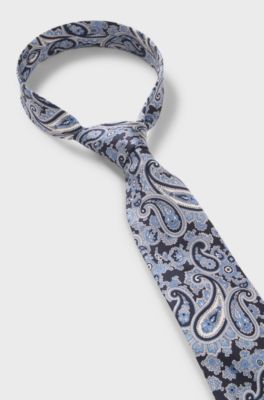 Pure-silk tie with paisley print, Blue Patterned