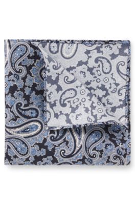 Pocket square in pure silk with paisley print, Blue Patterned