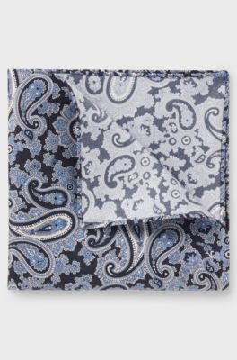 Pocket square in pure silk with paisley print, Blue Patterned