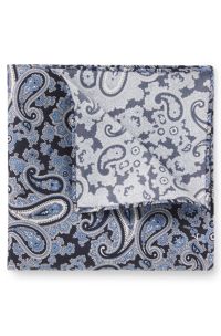 Pocket square in pure silk with paisley print, Blue Patterned