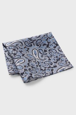 Pocket square in pure silk with paisley print, Blue Patterned