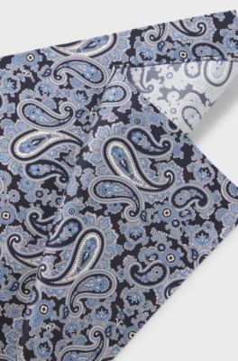 Pocket square in pure silk with paisley print, Blue Patterned