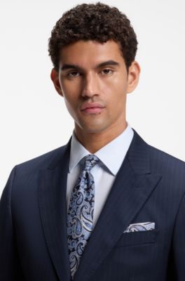 Pocket square in pure silk with paisley print, Blue Patterned