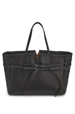 BOSS Revers leather tote with double belt detail , Dark Brown