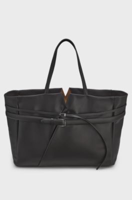 BOSS Revers leather tote with double belt detail , Dark Brown