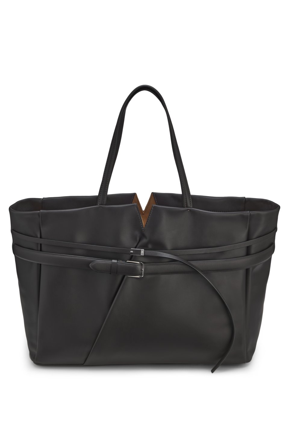 Revers leather tote with double belt detail