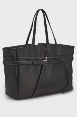 BOSS Revers leather tote with double belt detail , Dark Brown