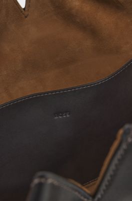 BOSS Revers leather tote with double belt detail , Dark Brown