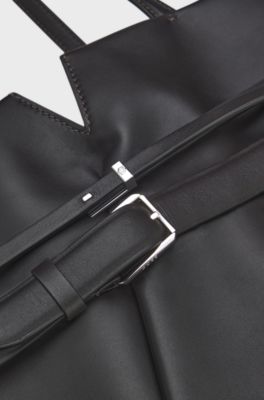 BOSS Revers leather tote with double belt detail , Dark Brown