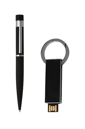 USB stick and ballpoint pen gift set with soft-grip finish, Black