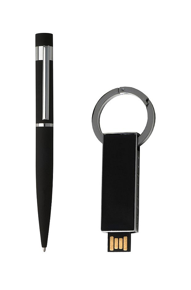 USB stick and ballpoint pen gift set with soft-grip finish, Black