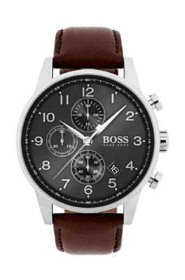 hugo boss mens watch brown leather strap