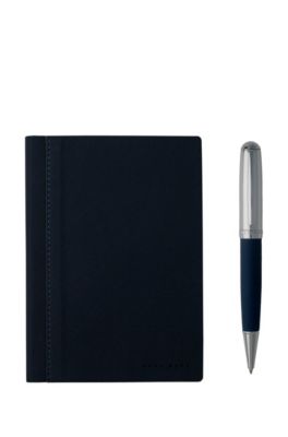 A6 notebook and ballpoint pen gift set in blue fabric, Dark Grey