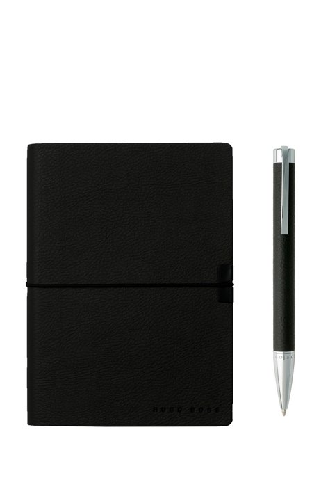 A6 notebook and ballpoint pen gift set in black faux leather, Black