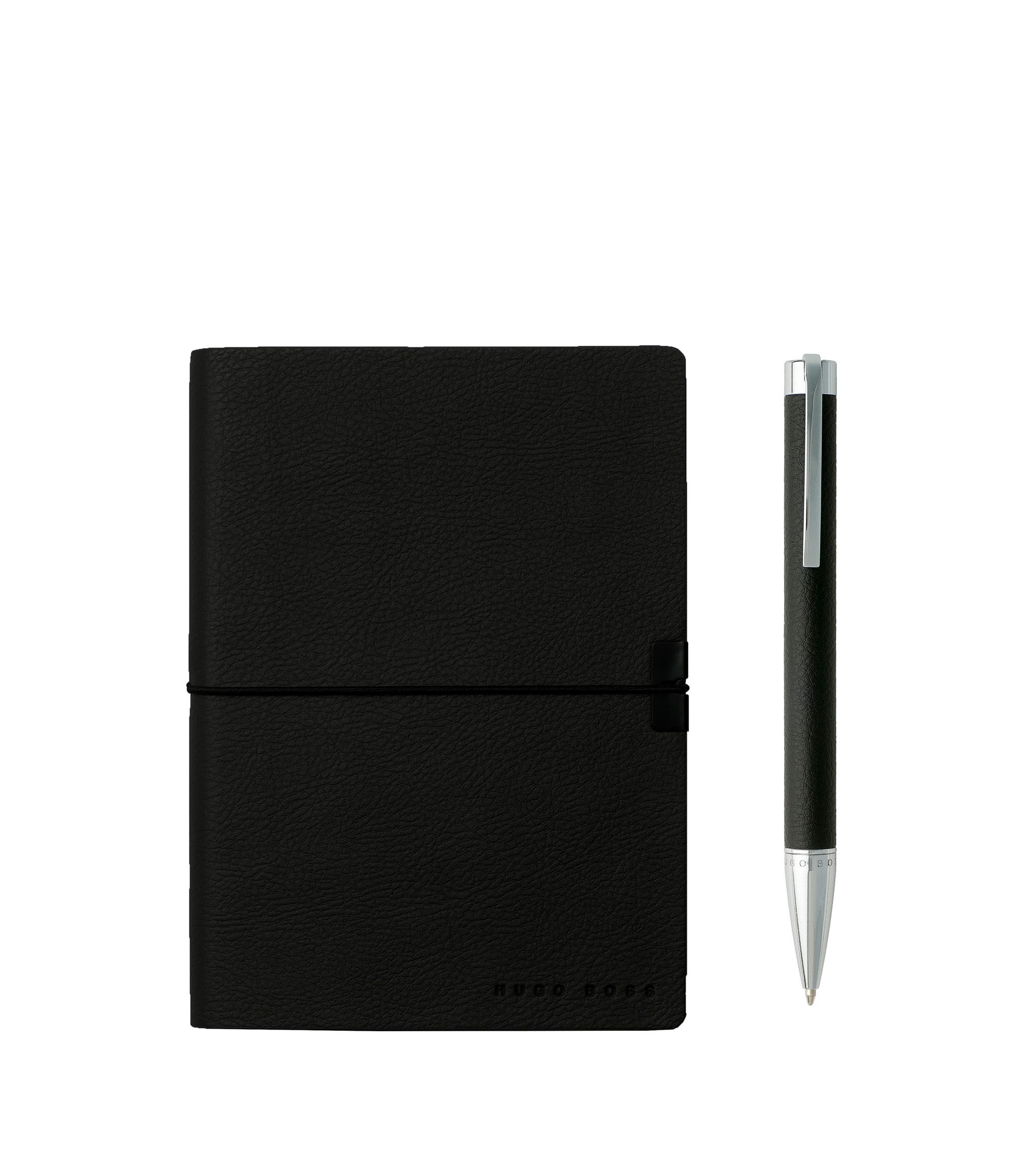 BOSS - A6 notebook and ballpoint pen gift set in black faux