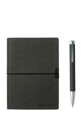 A6 notebook and ballpoint pen gift set in dark-grey faux leather, Dark Grey