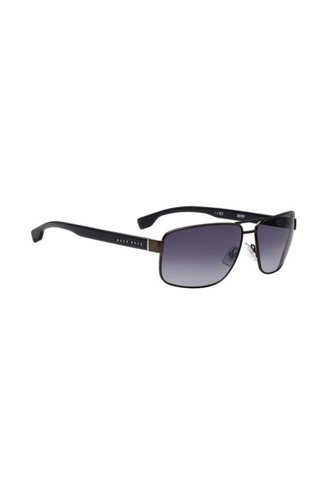 Grey rectangular sunglasses with raised metallic logo, Black