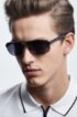 Grey rectangular sunglasses with raised metallic logo, Black