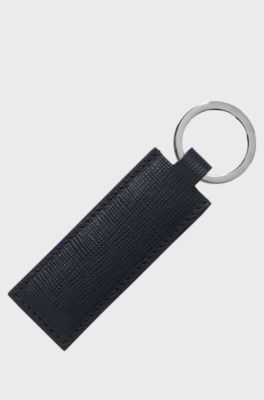 Blue textured-leather key ring with logo-engraved hardware, Dark Blue