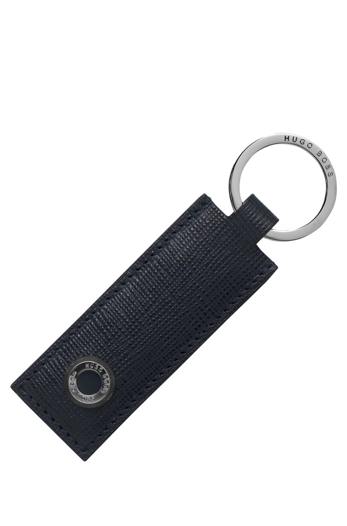 Blue textured-leather key ring with logo-engraved hardware, Dark Blue