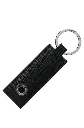 Textured-leather key ring with branded hardware, Black