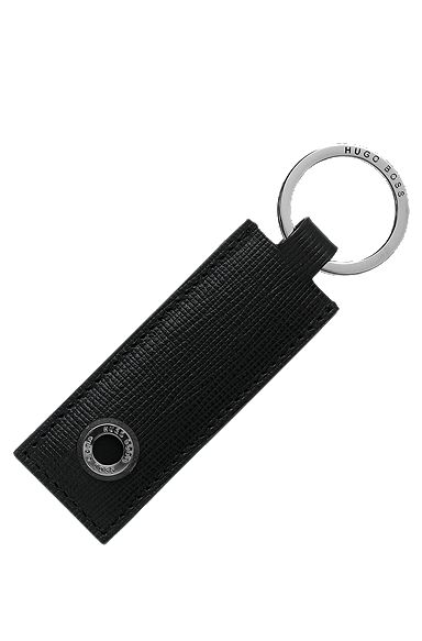 Textured-leather key ring with branded hardware, Black