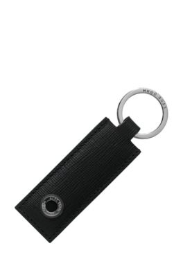 Textured-leather key ring with branded hardware, Black