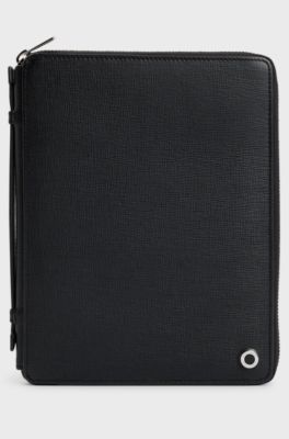 A5 conference folder in black textured leather, Black