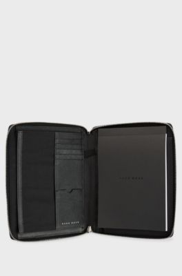 A5 conference folder in black textured leather, Black